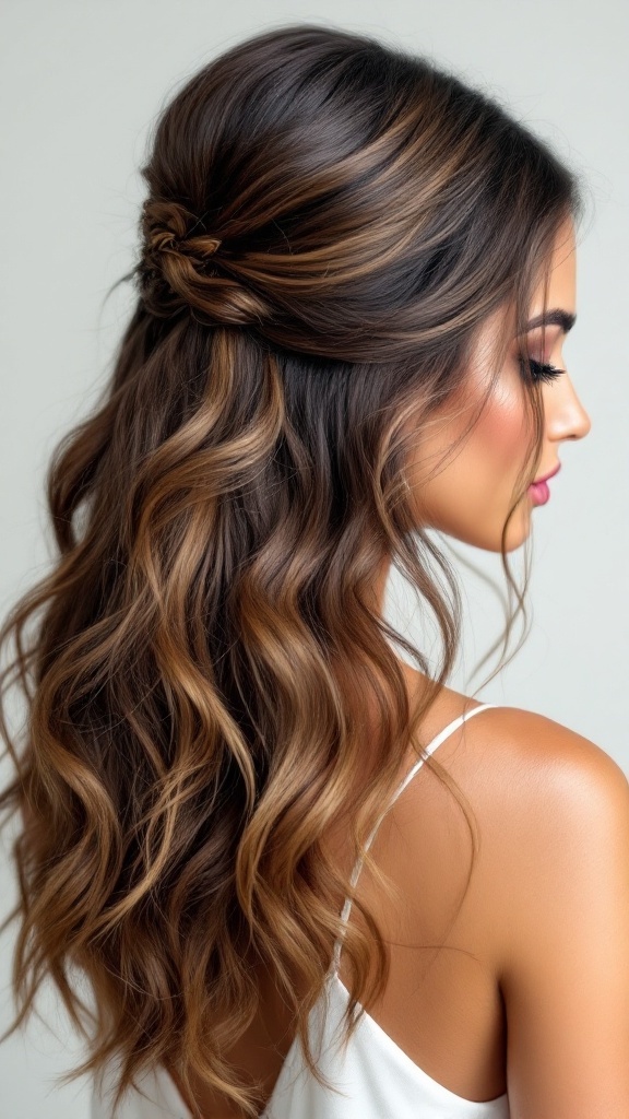 A woman with sleek half up half down hairstyle featuring soft waves and a twisted top section.