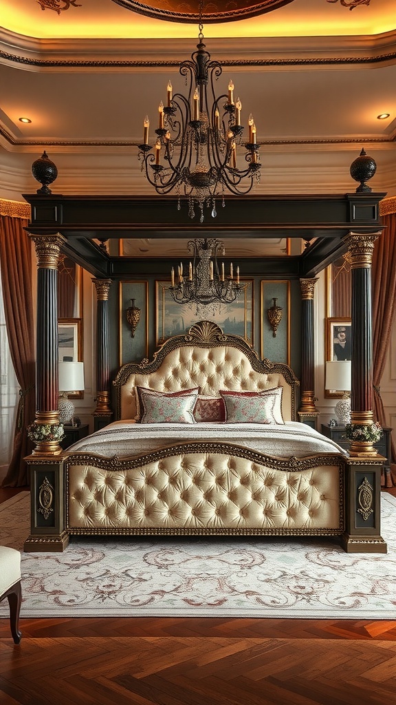 Luxurious four-poster bedroom with an ornate bed, chandelier, and elegant decor.