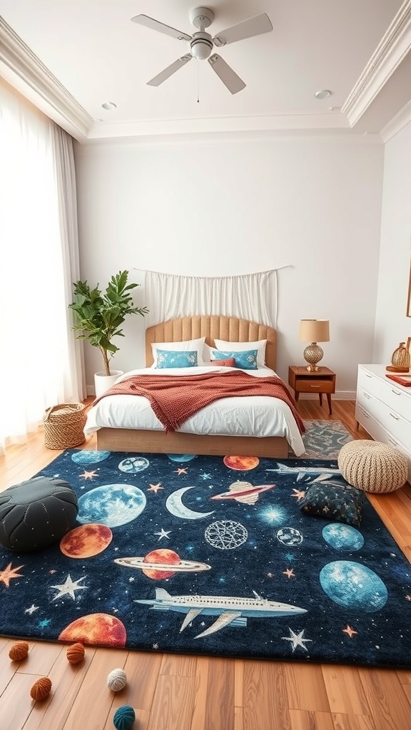 A celestial-themed rug with planets and stars in a cozy bedroom setting.