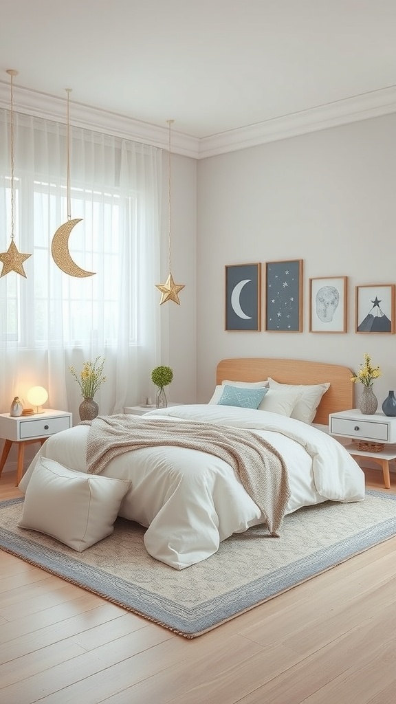 A cozy bedroom with celestial accents, featuring star and moon decorations, soft bedding, and light colors.