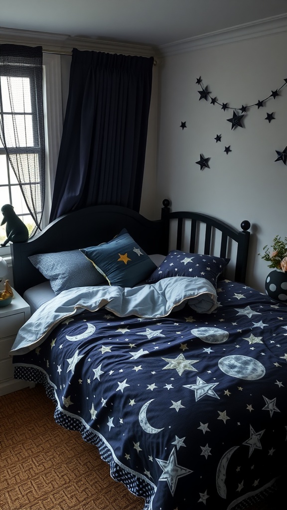A cozy bedroom featuring celestial-themed bedding with stars and moons on a dark blue comforter.
