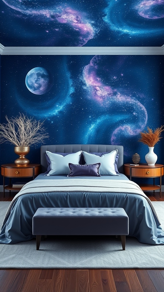 A celestial-themed bedroom featuring a cosmic mural on the ceiling, deep blue and purple bedding, and dark wood furniture.