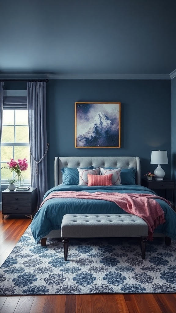 A celestial-themed bedroom with deep blue walls, teal bedding, and pink accents.