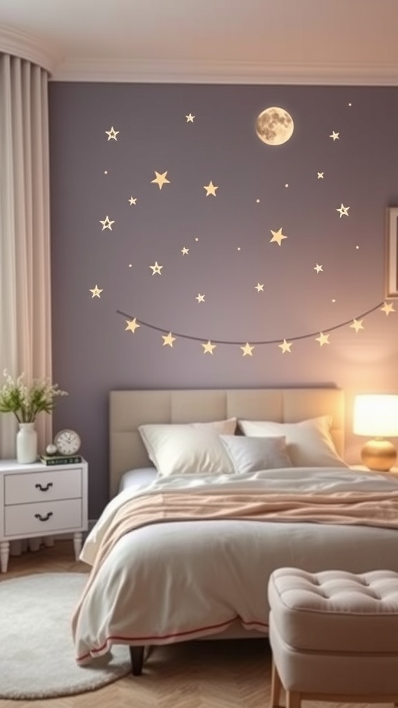 A cozy bedroom with a celestial theme featuring glowing stars and a moon on the wall, a plush bed, and warm lighting.