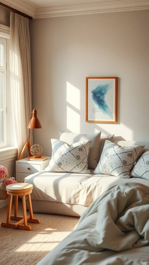 A cozy reading nook with a sofa, starry-patterned cushions, a wooden stool, and a lamp, illuminated by natural light.