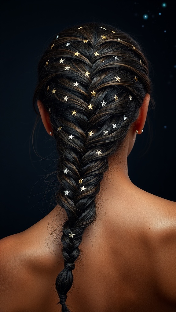 A beautifully braided hairstyle adorned with star-shaped accessories, resembling a starry night.