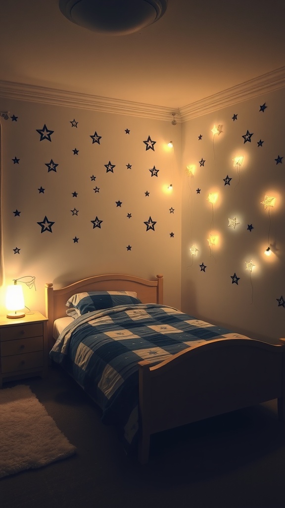 Cozy bedroom decorated with star wall decals and soft lighting