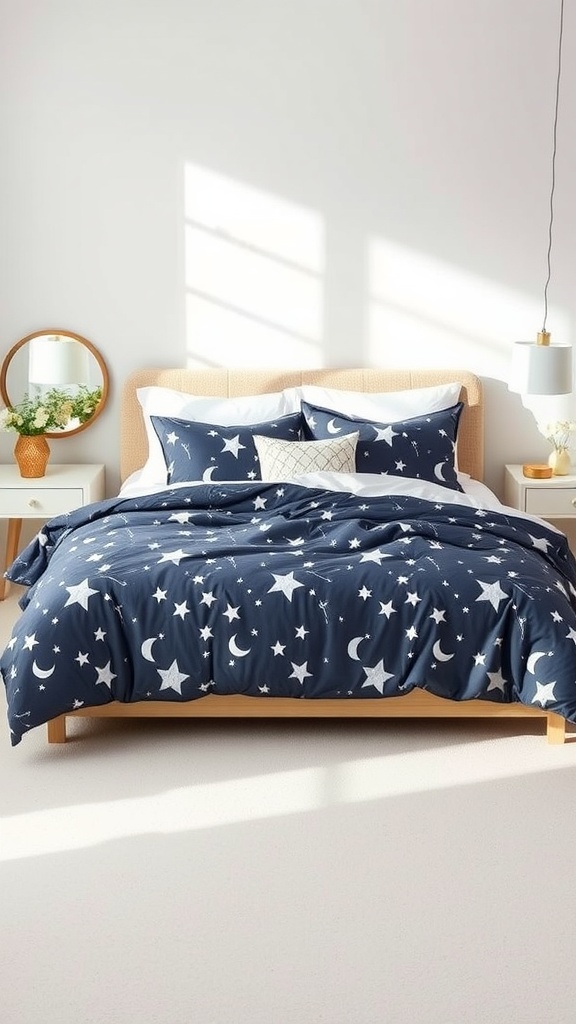 A cozy bedroom featuring celestial-themed bedding with moons and stars on a navy background.