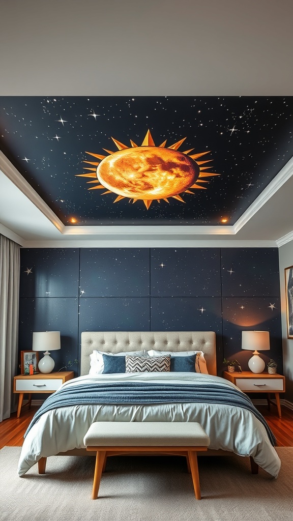 A bedroom with a painted ceiling featuring a bright sun and starry night sky.