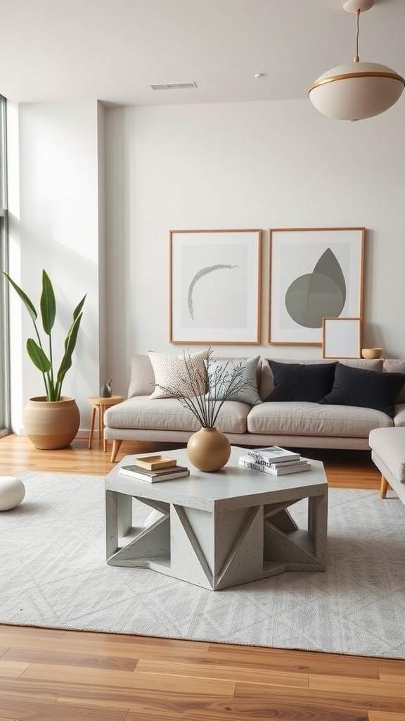 A stylish living room featuring a cement block coffee table with geometric design, surrounded by a beige sofa, decorative pillows, and indoor plants.