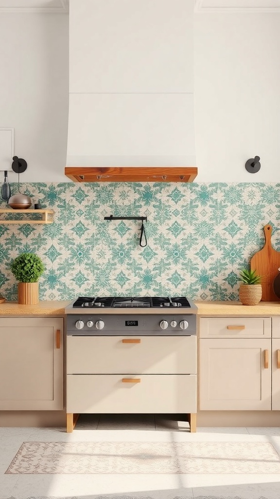 A kitchen with a cement tile backsplash featuring intricate teal and white patterns, complemented by a modern stove and wooden cabinetry.