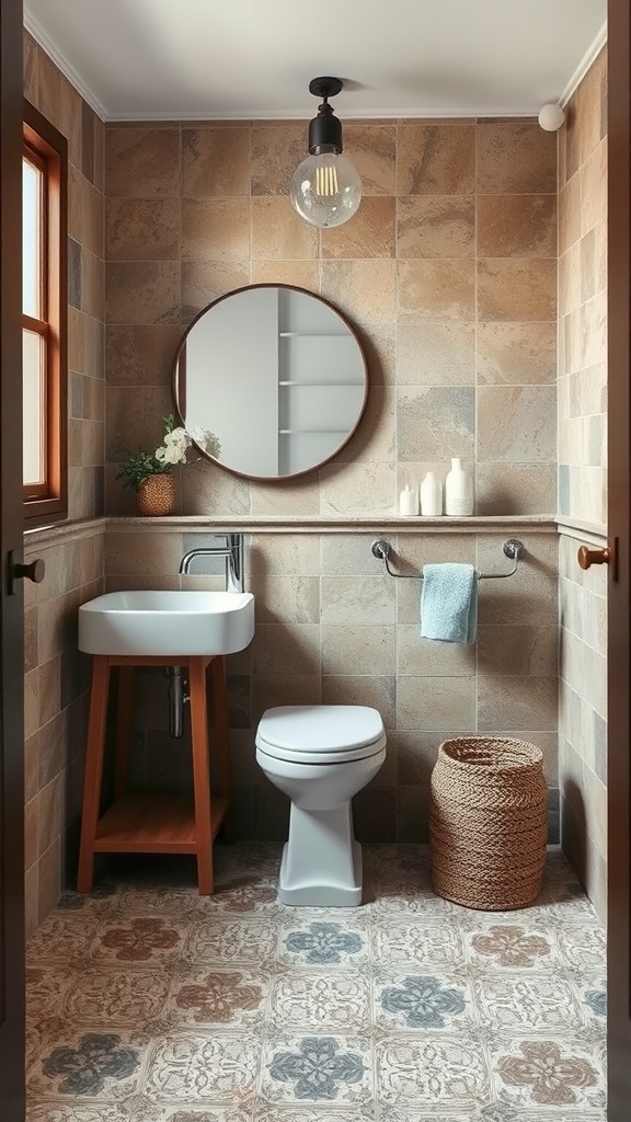A small rustic bathroom with cement tiles, a round mirror, and warm wooden accents.