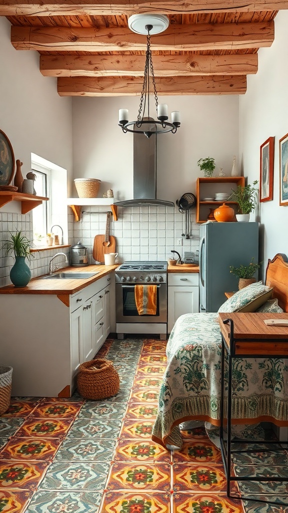 A rustic kitchen featuring colorful cement tile flooring with intricate patterns.