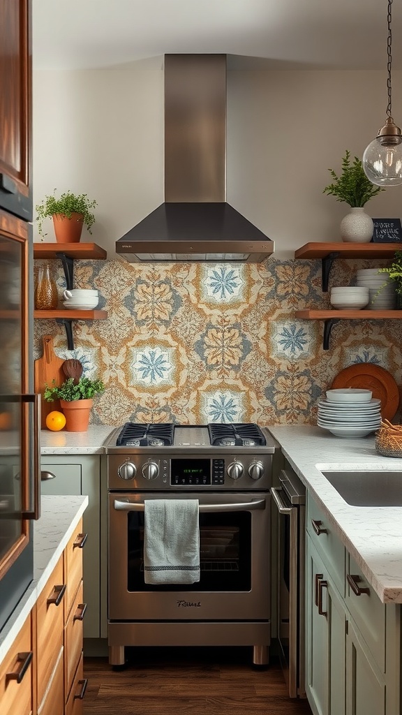 A kitchen with cement tile backsplash featuring intricate designs behind a stove.