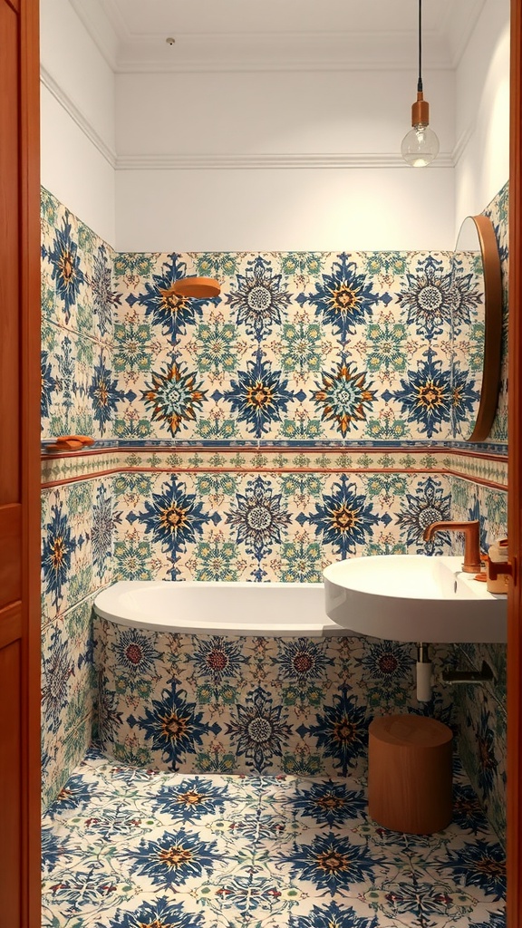 A bathroom featuring vibrant cement tiles with intricate designs, showcasing a blend of blue, green, and orange colors on walls and floor.