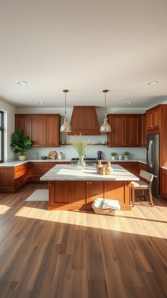 A modern kitchen with a central wooden island, surrounded by cabinetry and plants.