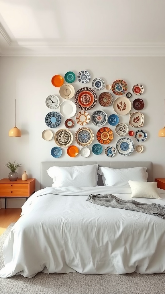 A collection of colorful ceramic plates arranged on a bedroom wall above a neatly made bed.
