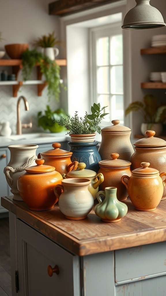 A vibrant collection of ceramic pottery in various colors and sizes on a kitchen island.