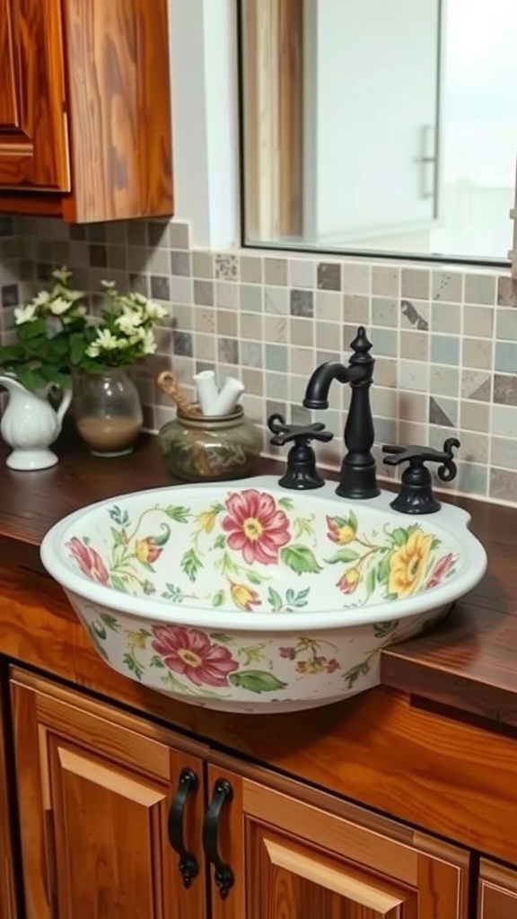 A rustic bathroom featuring a floral ceramic sink, wooden cabinetry, and dark fixtures.