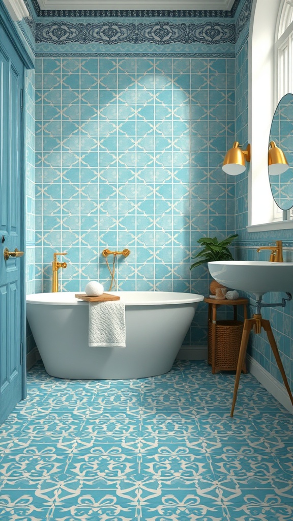 A bathroom featuring cerulean tile patterns on the walls and floor, with a freestanding bathtub and gold fixtures.