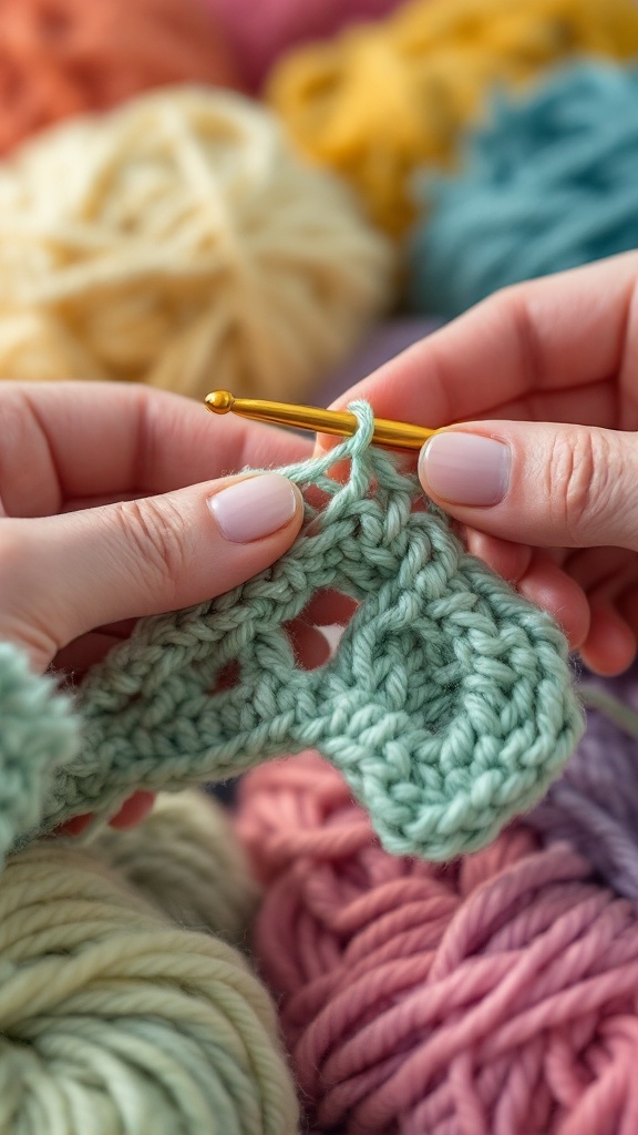 A person crocheting a green chain stitch with colorful yarns in the background.