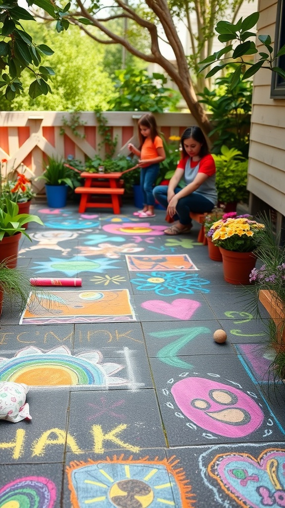 Children creating colorful chalk art on a patio, surrounded by flowers and plants.