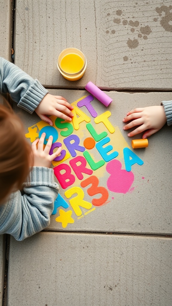 Children's hands playing with colorful chalk paint and letters on the ground.