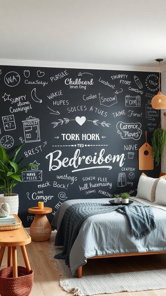 A cozy bedroom with a chalkboard accent wall filled with doodles and notes.
