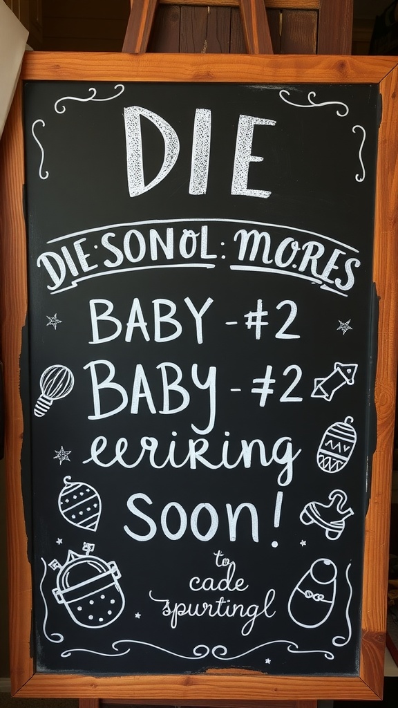 Chalkboard sign announcing baby number two with playful designs