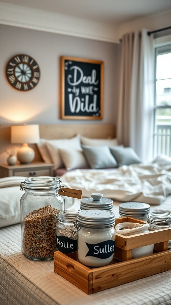 A cozy bedroom with jars labeled with chalkboard tags for organization.