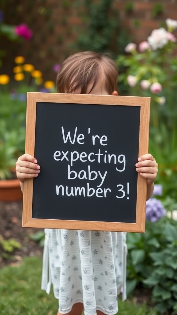 A child holding a chalkboard that reads 'We're expecting baby number 3!' in a garden setting.