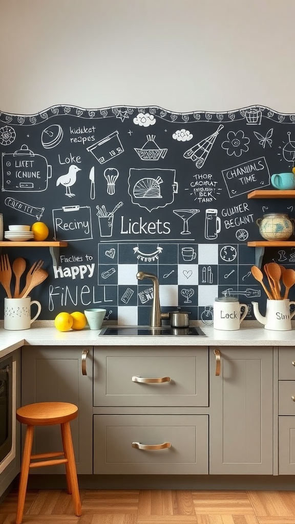A kitchen backsplash painted with chalkboard paint, featuring colorful doodles and notes