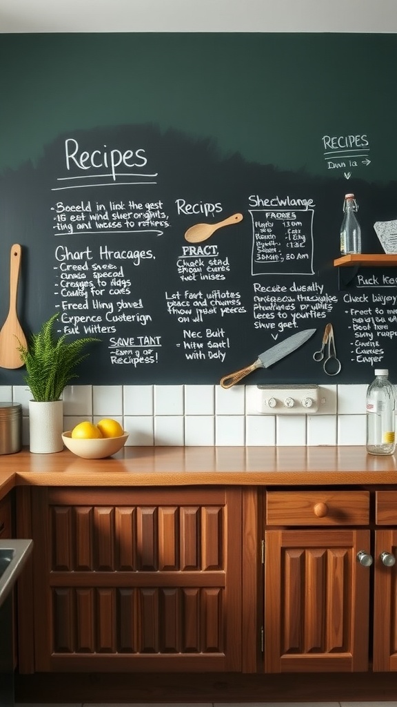 A kitchen with a chalkboard wall displaying recipes and wooden cabinets.
