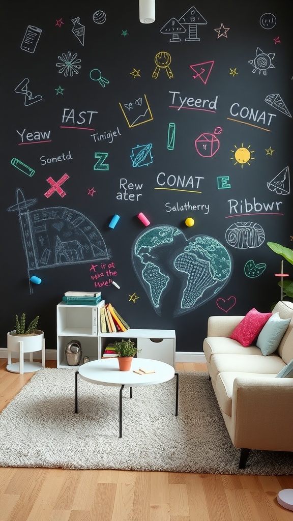 A living room with a chalkboard-painted wall filled with colorful chalk drawings and words, showcasing a playful atmosphere.
