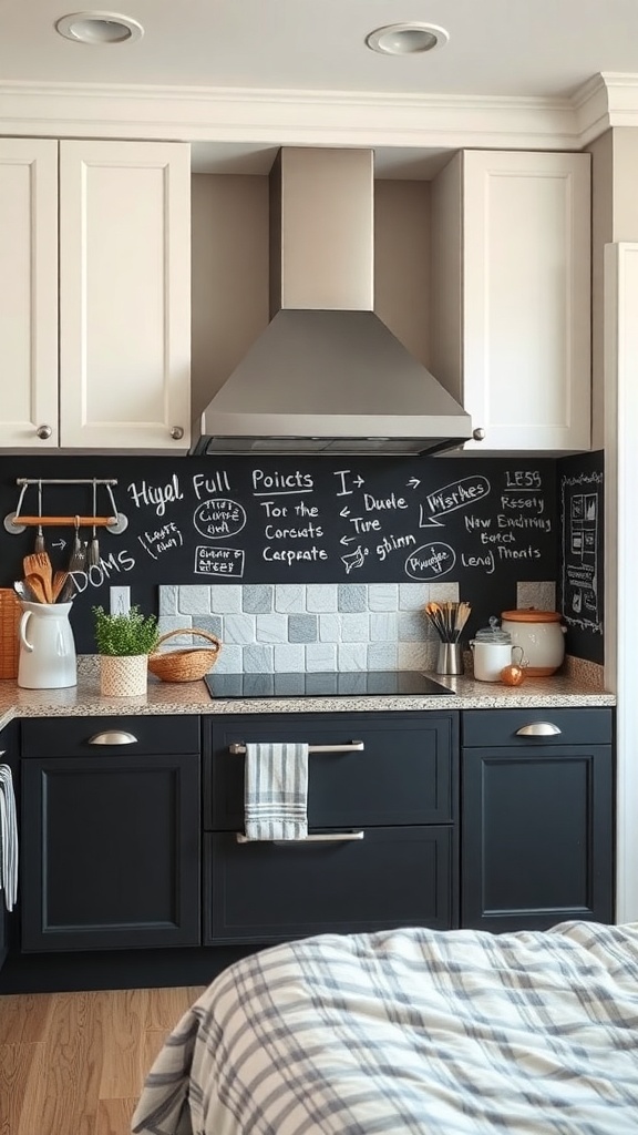 A kitchen with a chalkboard paint backsplash filled with notes and drawings.