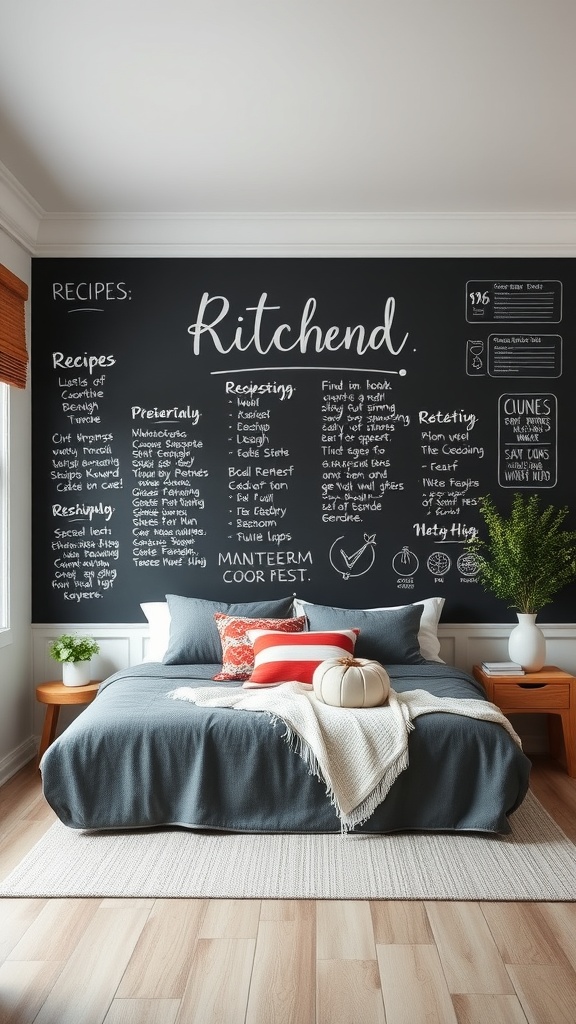A cozy bedroom with a chalkboard wall filled with recipes, showcasing a stylish and functional decor idea.
