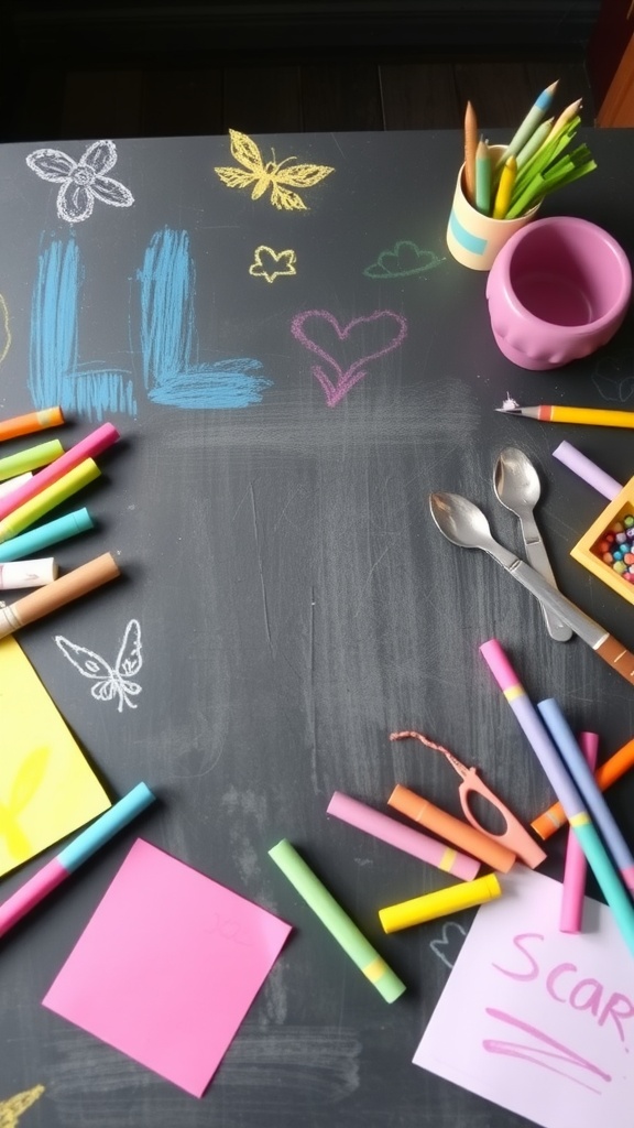 A colorful chalkboard paint table with chalk drawings and craft supplies scattered around.