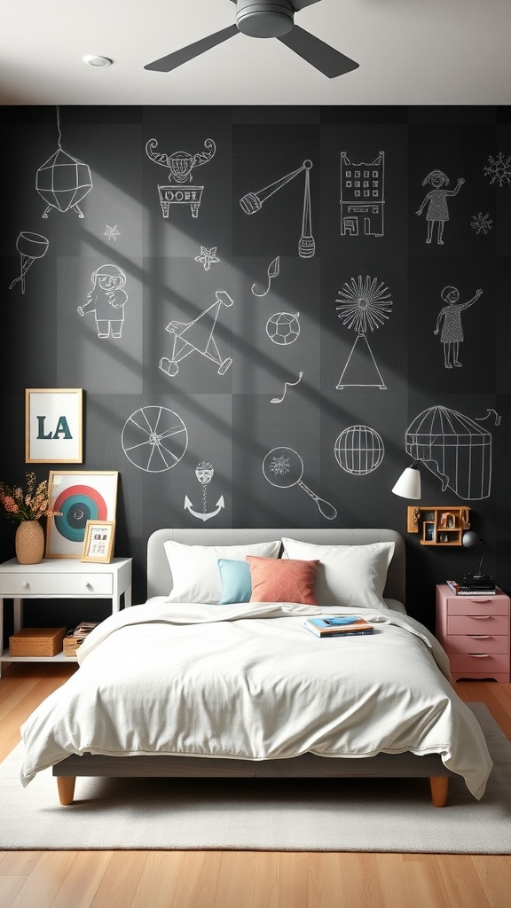 A bedroom with a chalkboard wall featuring playful drawings, a bed with pillows, and a stylish decor.