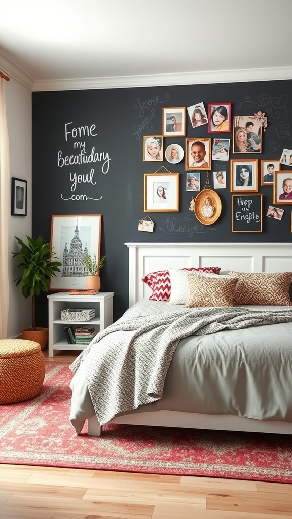 A cozy bedroom featuring a chalkboard wall with framed pictures and decorative elements.