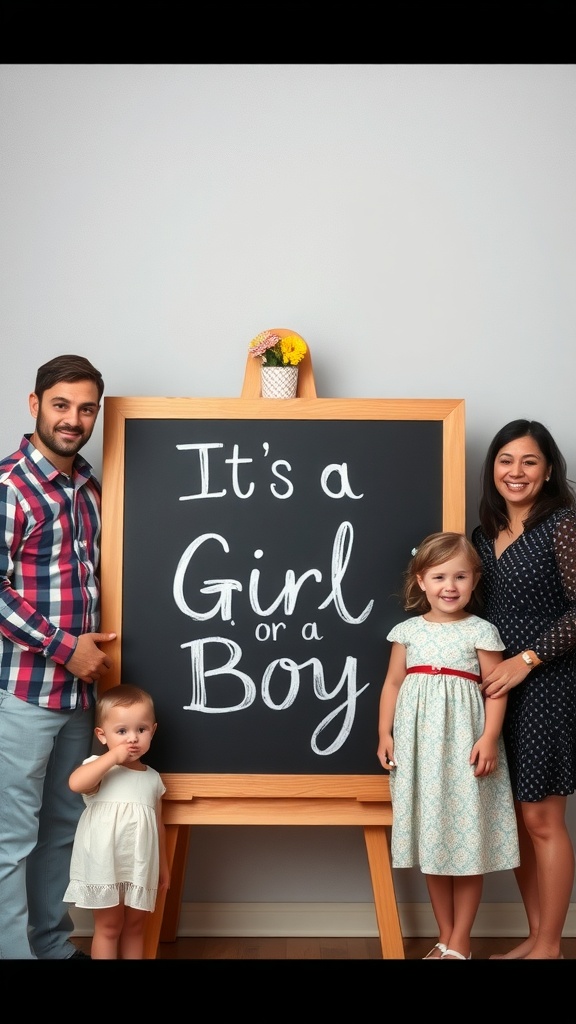A family standing next to a chalkboard with the message 'It's a Girl or a Boy'.