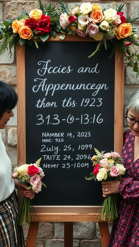 Chalkboard signage used for a baby announcement, decorated with flowers and held by two individuals.