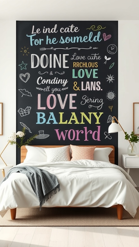 Colorful chalkboard wall art with playful words and doodles in a cozy bedroom setting.
