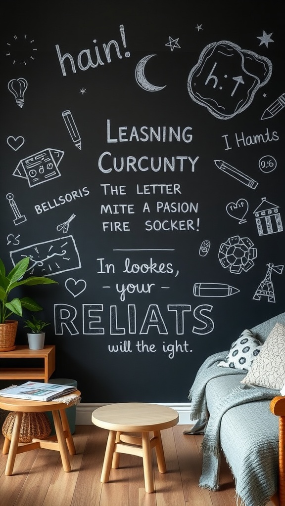 A large living room with a chalkboard wall filled with drawings and text, featuring cozy furniture.