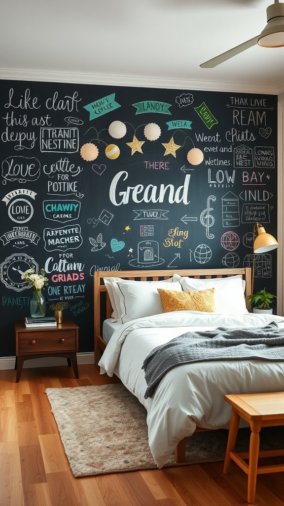 A cozy bedroom with a chalkboard wall filled with colorful doodles and messages, showcasing a creative and playful atmosphere.