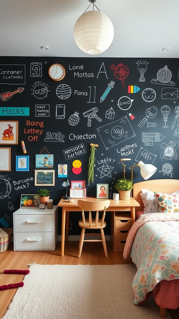 A cozy bedroom featuring a chalkboard wall with colorful drawings, notes, and framed artwork.