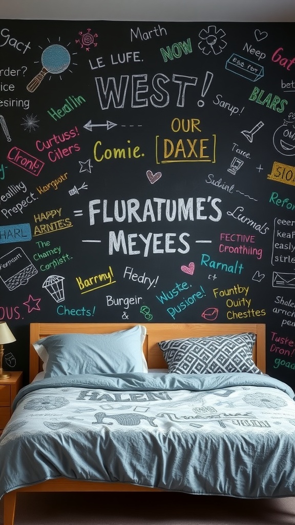 A bedroom featuring a chalkboard wall filled with colorful writings and drawings, showcasing a creative and playful space.
