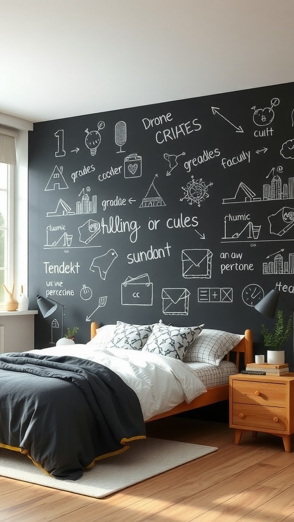 A bedroom with a chalkboard wall covered in doodles and notes, featuring a bed and wooden furniture.