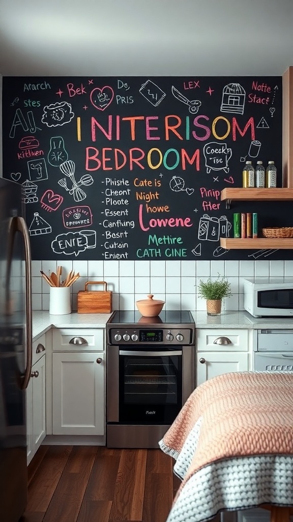 A chalkboard wall in a kitchen filled with colorful drawings and notes.