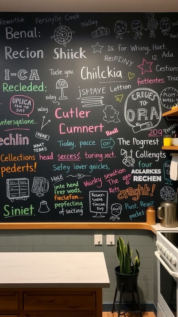 A colorful chalkboard wall filled with notes and drawings.