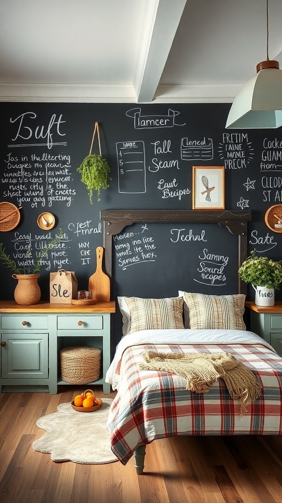 A cozy kitchen with a chalkboard wall filled with handwritten recipes and notes, surrounded by farmhouse decor.
